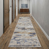 10' Tan Ivory And Blue Abstract Distressed Runner Rug
