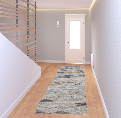 8' Tan Ivory And Blue Abstract Distressed Runner Rug