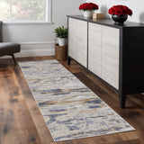8' Tan Ivory And Blue Abstract Distressed Runner Rug
