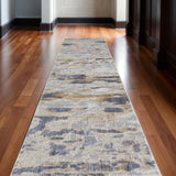 12' Tan Ivory And Blue Abstract Distressed Runner Rug