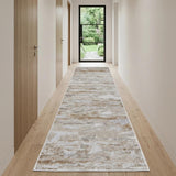 10' Ivory Gray And Tan Abstract Distressed Runner Rug