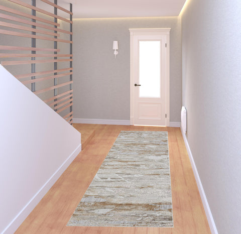 8' Ivory Gray And Tan Abstract Distressed Runner Rug
