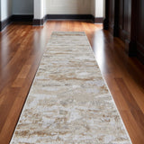 12' Ivory Gray And Tan Abstract Distressed Runner Rug