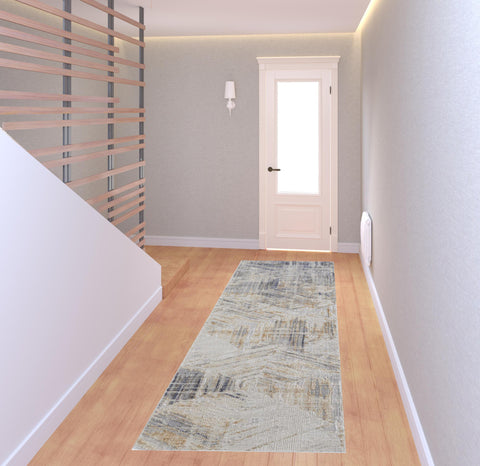 8' Ivory Gray And Tan Abstract Distressed Runner Rug