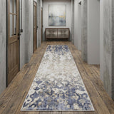 10' Ivory Tan And Blue Abstract Distressed Runner Rug