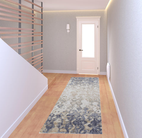 8' Ivory Tan And Blue Abstract Distressed Runner Rug