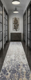 12' Tan Ivory And Blue Abstract Power Loom Distressed Runner Rug
