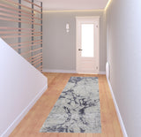 8' Ivory And Blue Abstract Power Loom Distressed Runner Rug
