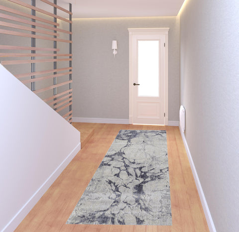 8' Ivory And Blue Abstract Power Loom Distressed Runner Rug