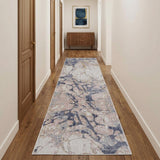 10' Tan Blue And Beige Abstract Distressed Runner Rug