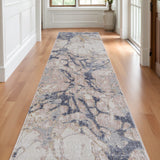 10' Tan and Blue Abstract Power Loom Distressed Non Skid Runner Rug