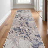 12' Beige and Blue Abstract Power Loom Distressed Runner Rug