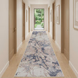 12' Tan Blue And Beige Abstract Distressed Runner Rug