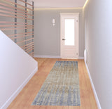 8' Tan And Blue Abstract Distressed Runner Rug
