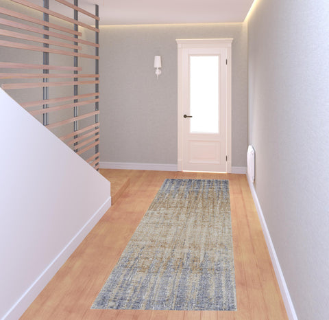 8' Tan And Blue Abstract Distressed Runner Rug