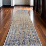 12' Tan And Blue Abstract Distressed Runner Rug