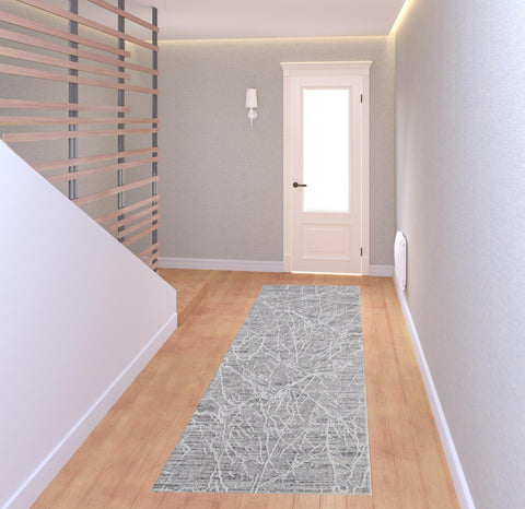 8' Taupe And Gray Abstract Power Loom Distressed Stain Resistant Runner Rug