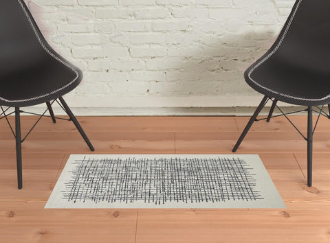 2' X 3' Ivory Gray And Black Wool Plaid Tufted Handmade Stain Resistant Area Rug