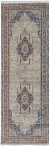8' Gray Red And Blue Floral Runner Rug With Fringe