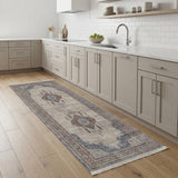 8' Gray Red And Blue Floral Runner Rug With Fringe