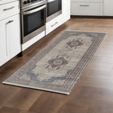 8' Gray Red And Blue Floral Runner Rug With Fringe