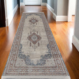 10' Blue and Gray Floral Power Loom Runner Rug With Fringe
