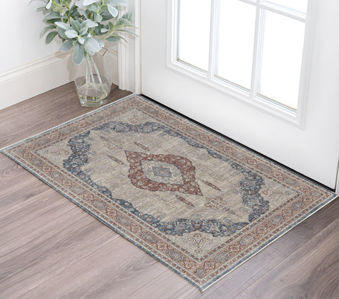 2' X 3' Gray Red And Blue Floral Area Rug
