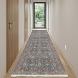 10' Blue Beige And Red Floral Runner Rug With Fringe