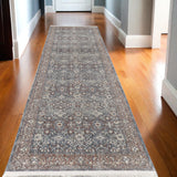10' Blue and Beige Floral Power Loom Runner Rug With Fringe