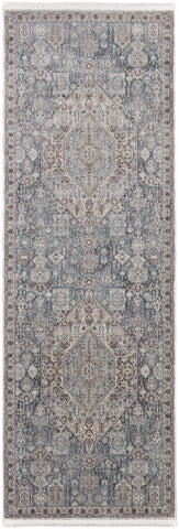 8' Blue and Ivory Floral Power Loom Runner Rug With Fringe