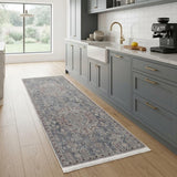 8' Blue and Ivory Floral Power Loom Runner Rug With Fringe