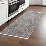 8' Blue and Ivory Floral Power Loom Runner Rug With Fringe