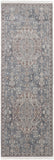 10' Blue and Ivory Floral Power Loom Runner Rug With Fringe