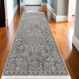 10' Blue and Ivory Floral Power Loom Runner Rug With Fringe