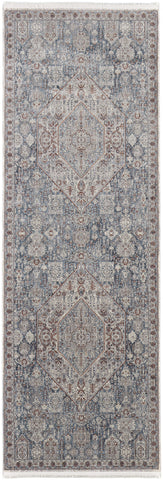 12' Blue And Ivory Floral Power Loom Runner Rug