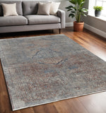 5' X 7' Blue Red And Gray Floral Area Rug