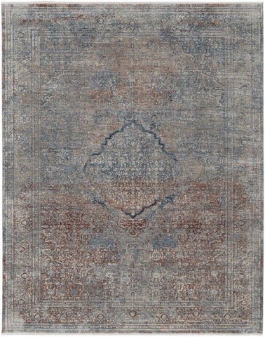 5' X 7' Blue Red And Gray Floral Area Rug