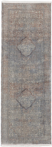 8' Blue Red And Gray Floral Runner Rug With Fringe