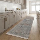 8' Blue Red And Gray Floral Runner Rug With Fringe