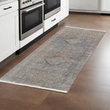 8' Blue Red And Gray Floral Runner Rug With Fringe