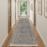 10' Blue Red And Gray Floral Runner Rug With Fringe