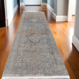 10' Blue and Gray Floral Power Loom Runner Rug With Fringe