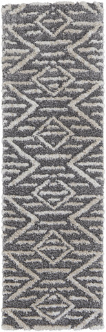8' Gray And Ivory Geometric Power Loom Stain Resistant Runner Rug