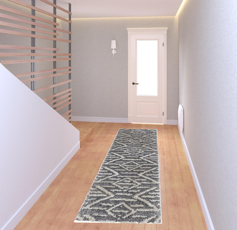 8' Gray And Ivory Geometric Power Loom Stain Resistant Runner Rug