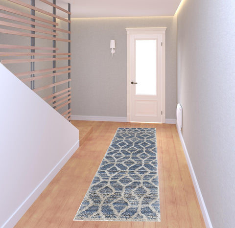 8' Blue And Ivory Geometric Power Loom Stain Resistant Runner Rug