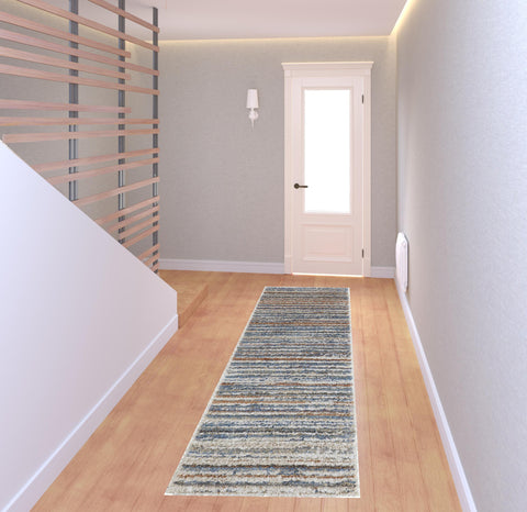 8' Ivory Blue And Orange Striped Power Loom Stain Resistant Runner Rug