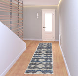 8' Ivory Gray And Blue Chevron Power Loom Stain Resistant Runner Rug