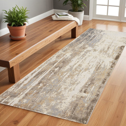 8' Tan Ivory And Gray Abstract Runner Rug