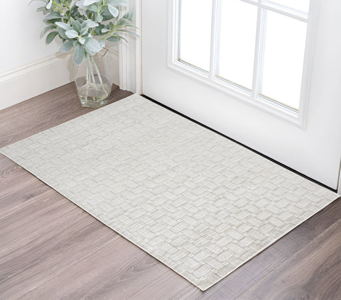 2' X 3' Silver and White Striped Hand Woven Area Rug