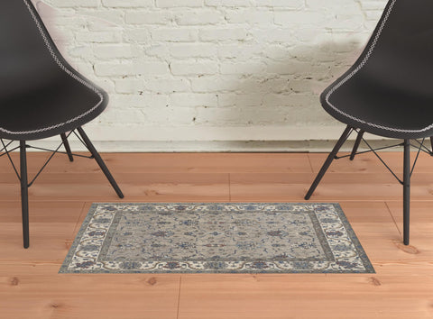 2' X 3' Taupe Ivory And Blue Wool Floral Tufted Handmade Stain Resistant Area Rug